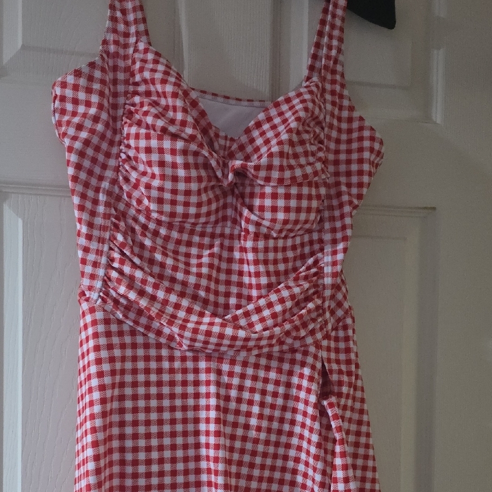 Red Gingham Women's One Piece Swimsuit - Picture 5 of 8